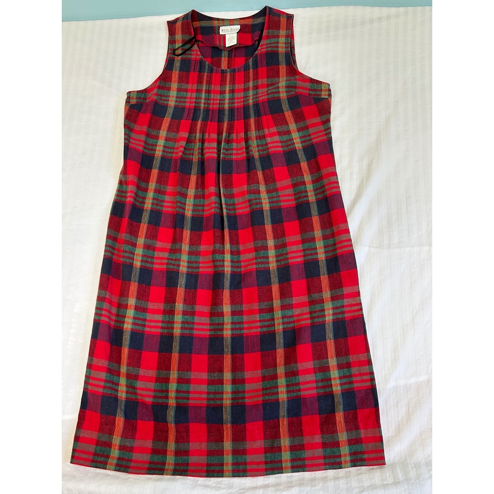 Miss Dorby Vintage Plaid Linen Blend Pleated Shift Dress Red Navy Green Size 18